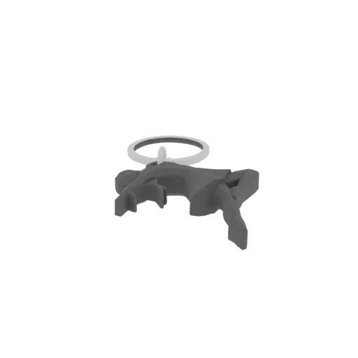 A 3D model of a stylized dancer in a dynamic pose, attached to a keychain ring, rendered in a dark gray material.