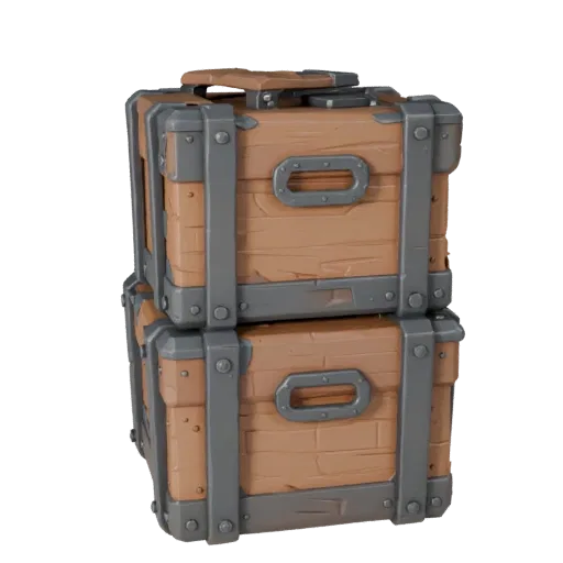 Stilisierte 3D-Modell der industriellen Kiste, stilisierte isometrische Darstellung, zeigt Holzplanken, stapelbare Masse.