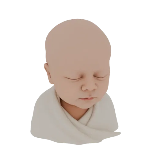 A 3D render of a bald baby sleeping peacefully, swaddled in a white cloth, with eyes closed.