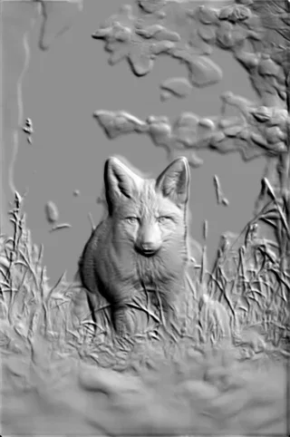 Modello 3D di bassorilievo di volpe seduta nell'erba alta, con pelliccia dettagliata e occhi espressivi