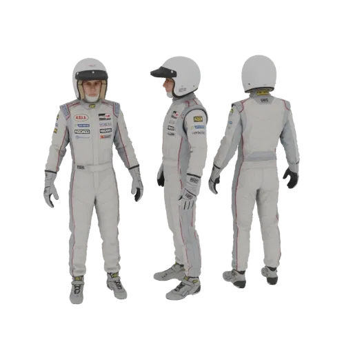 3D model of a racing suit with helmet and gloves, shown from multiple angles against a black background.
