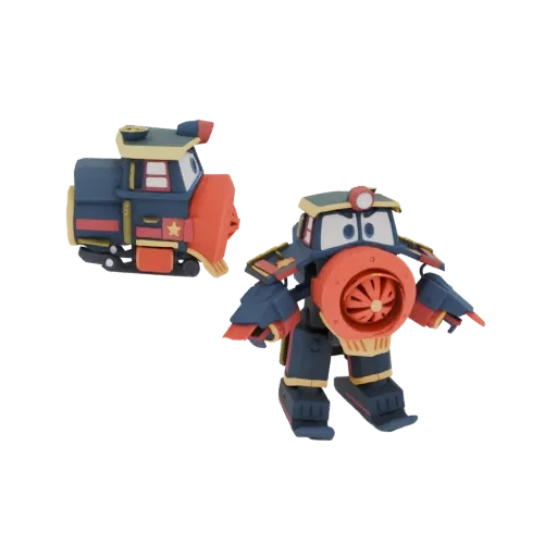3D model of a transforming train robot in its humanoid form, featuring a blue, red, and gold color scheme.