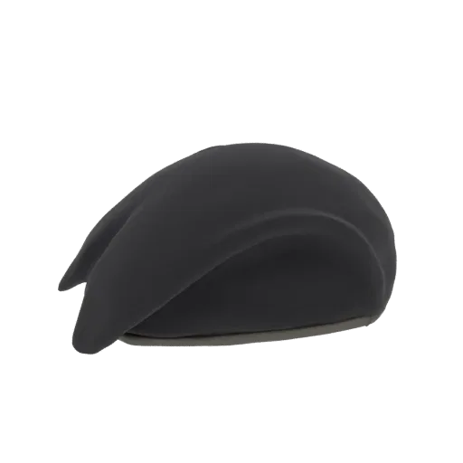 A 3D model of a black beret, viewed from a side angle, showcasing its smooth texture and classic shape.