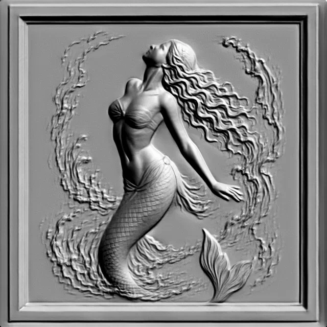 Modello 3D di rilievo di sirena, elegantemente arcuata tra le onde marine, con capelli fluenti e coda squamosa.
