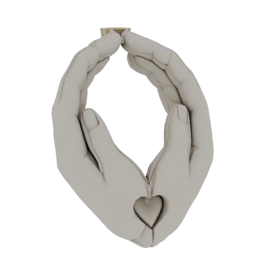 3D model of two hands cupped together, forming a heart shape in the center, symbolizing love and care.