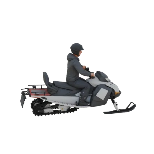 3D model of snowmobile with rider in helmet, side view