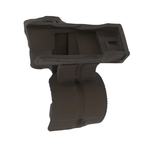 3D model of a dark, futuristic sci-fi weapon grip with angular, rugged design elements and textured panels.