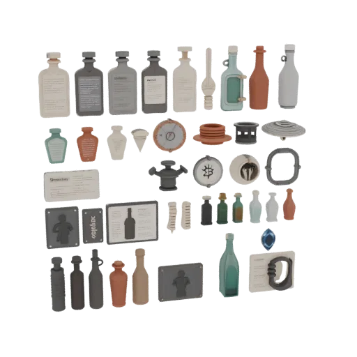 Market Bottle Group Printable 3D model, isometric STL render, showing paper-like cards, small readable forms.