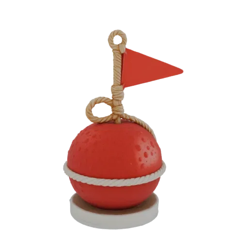 3D model of a red nautical buoy with a white rope and a red flag, set against a black background.
