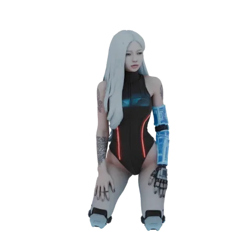 3D model of a cybernetic woman kneeling, wearing a black bodysuit with red accents and a detailed blue prosthetic arm.