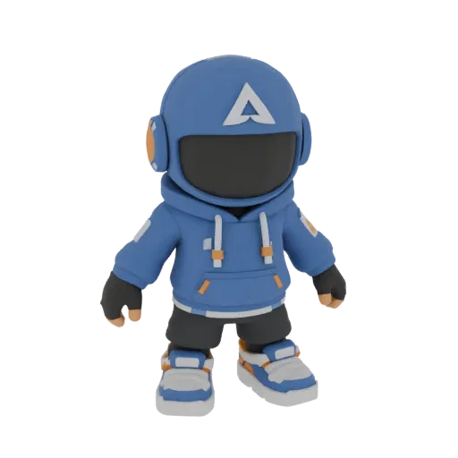 A 3D render of a stylized character wearing a blue hoodie, dark shorts, and a blue helmet with an orange accent.