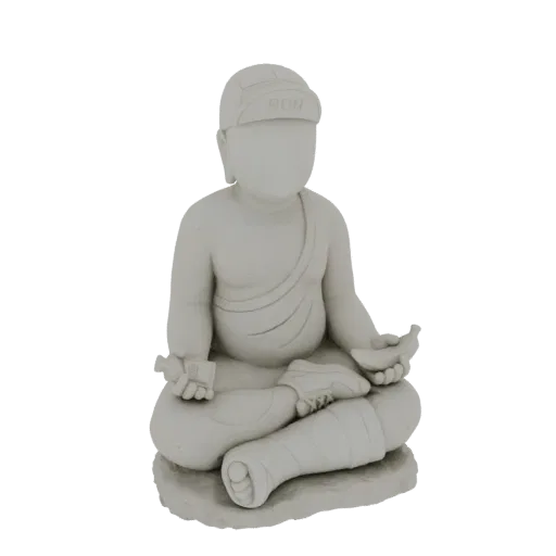 3D-Modell eines meditierenden Buddha mit Laufkappe, der eine Banane und einen Energieriegel hält.