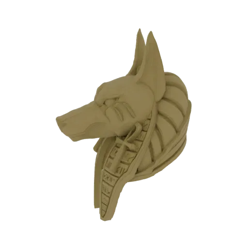 3D model of the head of the Egyptian god Anubis, depicted with a jackal head, detailed headdress, and hieroglyphic collar, re