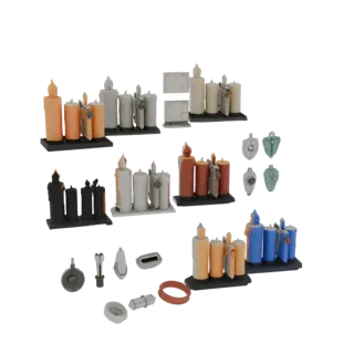 Modello 3D stampabile Cluster di Candele di Mercato, rendering isometrico STL, che mostra carte simili a carta, piccole forme