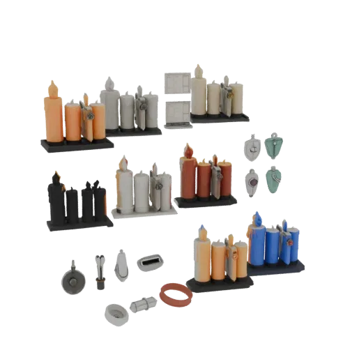 Market Candle Cluster Printable 3D model, isometric STL render, showing paper-like cards, small readable forms.