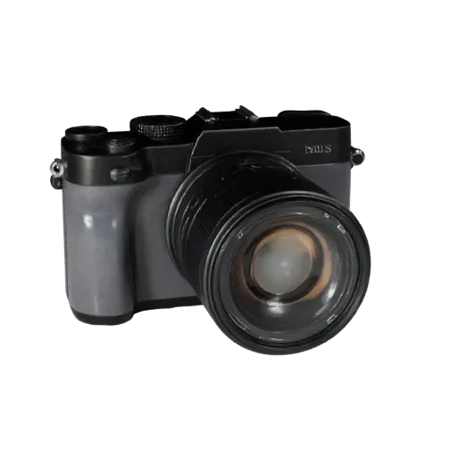 Mirrorless Camera 3D model, three-quarter front view, Unity viewport, showing textured grips, lens barrels.
