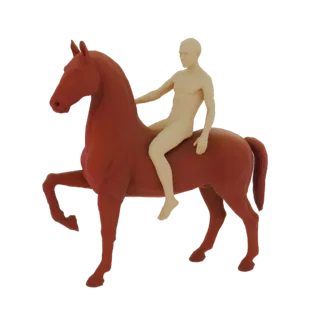 3D-Modell eines roten Pferdes mit einem beigen humanoiden Reiter in dynamischer Reiterpose, isoliert auf weißem Hintergrund.