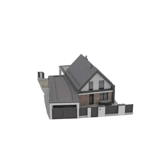 3D model of a modern two-story house with a flat roof section, integrated garage, and wood-paneled facade.