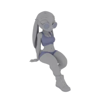 3D model of a chibi bunny girl with large ears and sunglasses, wearing a purple bikini and boots, sitting in a relaxed pose.