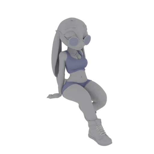 3D model of a chibi bunny girl with large ears and sunglasses, wearing a purple bikini and boots, sitting in a relaxed pose.
