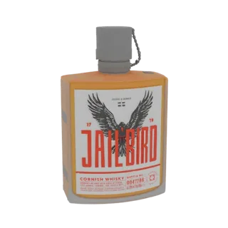3D-Modell einer Jailbird Cornish Whisky Flasche mit orangefarbenem Korpus und weißem Etikett mit schwarzem Adler und rotem Te