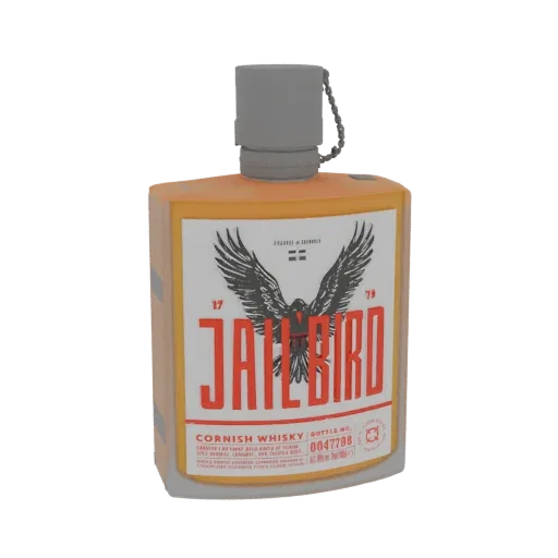 3D model of a Jailbird Cornish Whisky bottle with an orange body and a white label featuring a black eagle and red text.