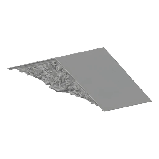 A 3D render of a grey architectural bracket with detailed acanthus leaf carvings along its underside, set against a white bac