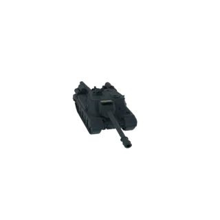 Modelo 3D de un obús autopropulsado gris oscuro con cañón largo y base de orugas, visto desde un ángulo frontal izquierdo lig