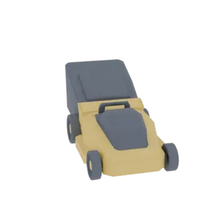 A 3D render of a stylized yellow and grey lawn mower with a grass catcher, set against a white background.