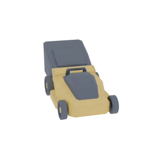 A 3D render of a stylized yellow and grey lawn mower with a grass catcher, set against a white background.