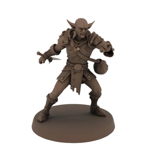 Figurine STL d'archer gobelin dark fantasy, rendu trois-quarts sur table, figurine d'ennemi imprimable en résine avec armure,