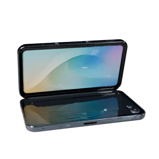 Compact Tablet Phone Realistic 3D model, three-quarter studio render, showing glass screens, thin device proportions.