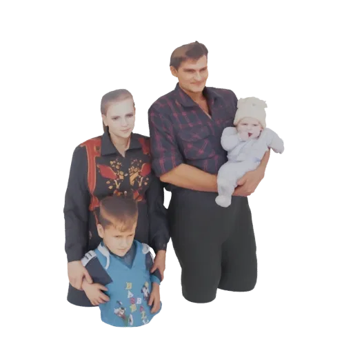 3D model of a family of four: father holding a baby, mother, and young son.