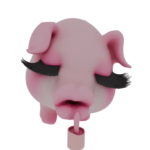 3D model of a cute pink pig with large false eyelashes and glossy lips, holding a lipstick applicator.