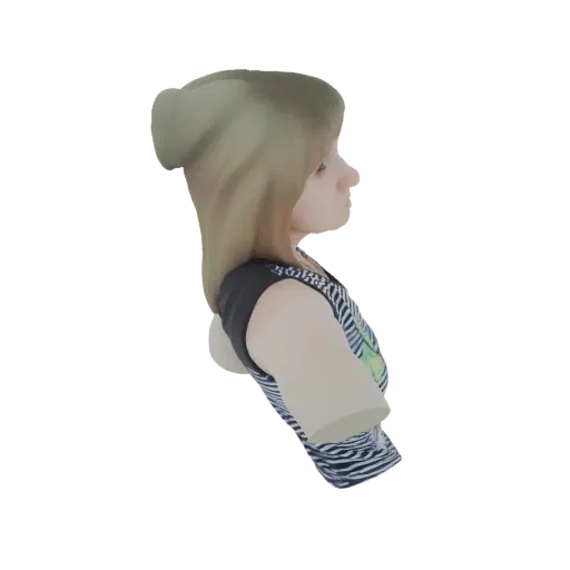 3D render of a stylized female bust with blonde hair in a beanie and a black and white striped top, viewed from the side.