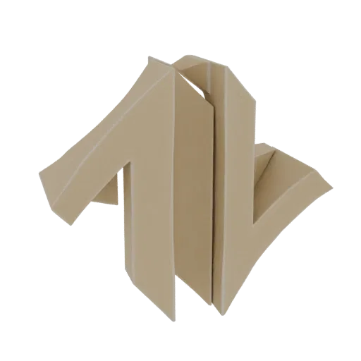 3D render of an abstract geometric sculpture with folded beige planes and white edges, set against a white background.