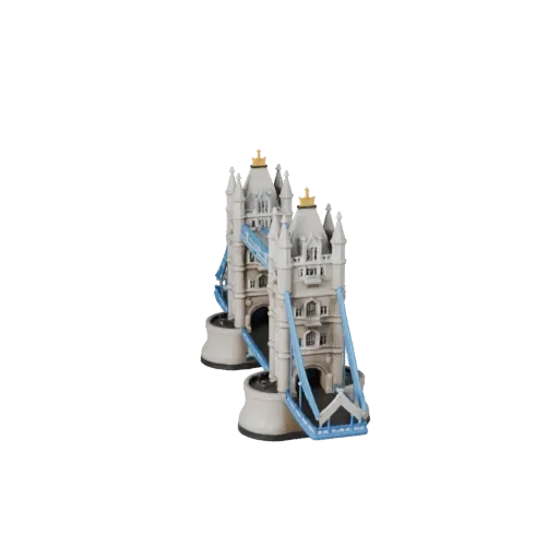 Modelo 3D STL imprimível da Ponte da Torre, vista isométrica, mostrando materiais da estrutura do marco histórico e detalhe a