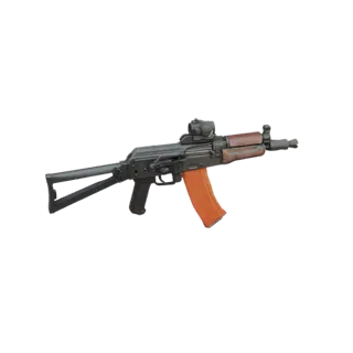 Modello 3D fucile tattico AK-12 con caricatore arancione e mirino reflex, vista laterale.