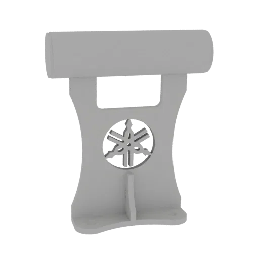 Rendu 3D d'un support de guidon de moto gris avec le logo Yamaha découpé