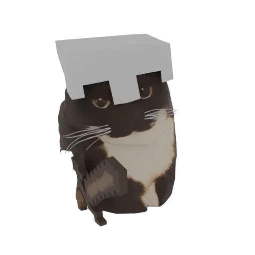 Modèle 3D d'un chat noir et blanc portant une armure style Minecraft et tenant une épée pixélisée.
