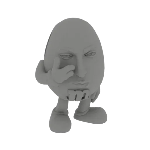 3D model of a gray egg-shaped character with a human face, arms, and legs, in a thoughtful pose.