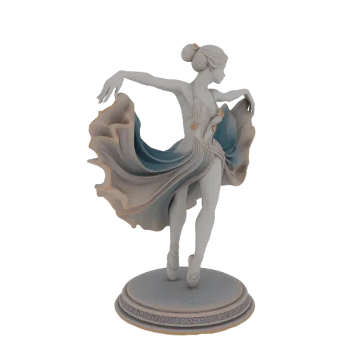 3D model of a graceful ballerina in a flowing dress, captured in a dynamic dance pose on a decorative base.