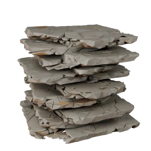 Ruined Stone Slab Scatter Low Poly 3D model, game viewport three-quarter view, showing stratified stone, rock faces.
