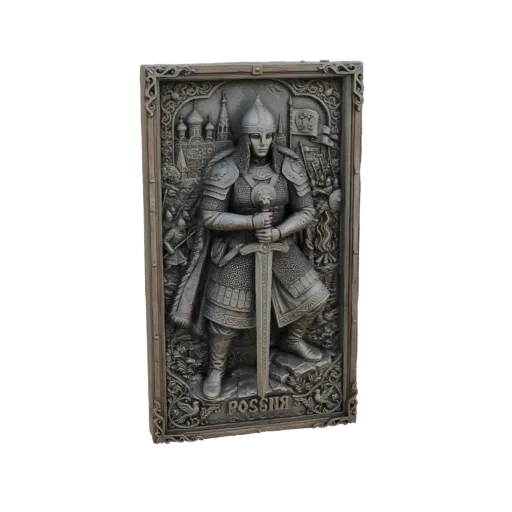 3D model of a Russian warrior relief sculpture, featuring intricate armor, a sword, and historical Russian architectural and