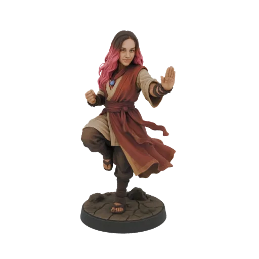 3D model of a female martial artist with pink hair in a dynamic pose, wearing traditional robes and standing on a cracked ear