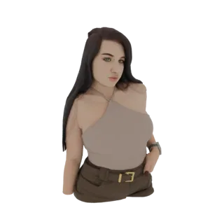 Modelo 3D de mujer con cabello largo y oscuro, vistiendo un top halter beige y shorts marrones, con una mano en el bolsillo.