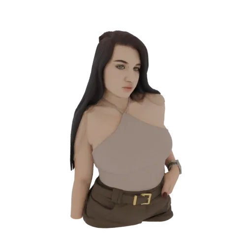Modelo 3D de mulher com longos cabelos escuros, vestindo um top halter bege e shorts marrons, com uma mão no bolso.