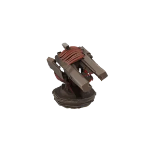 Renderização 3D de uma torreta mecânica steampunk com engrenagens metálicas, tubos e detalhes de tecido vermelho, sobre um fu