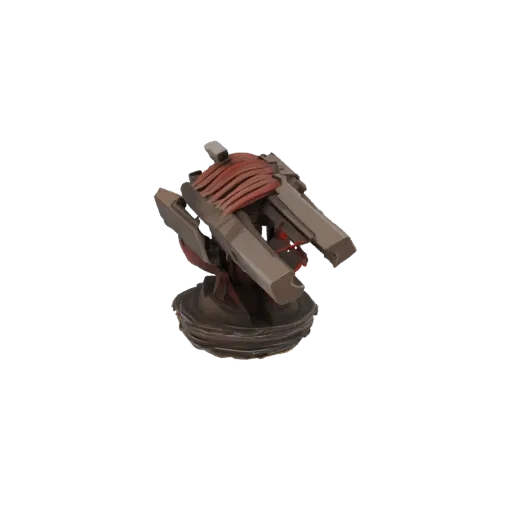 3D render of a steampunk mechanical turret with metallic gears, pipes, and red fabric accents, set against a white background