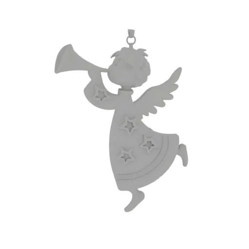 3D model of a stylized angel blowing a trumpet, with stars on its robe and spread wings, against a black background.